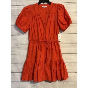 Free Assembly Red Coral Eyelet Dress S Puff Sleeve Drawstring Waist Tiered NWT